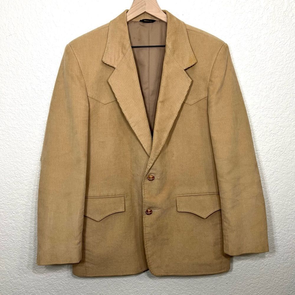 Pioneer Wear Men’s Vintage 70’s Corduroy Jacket Sport Coat Tan Leather Elbow